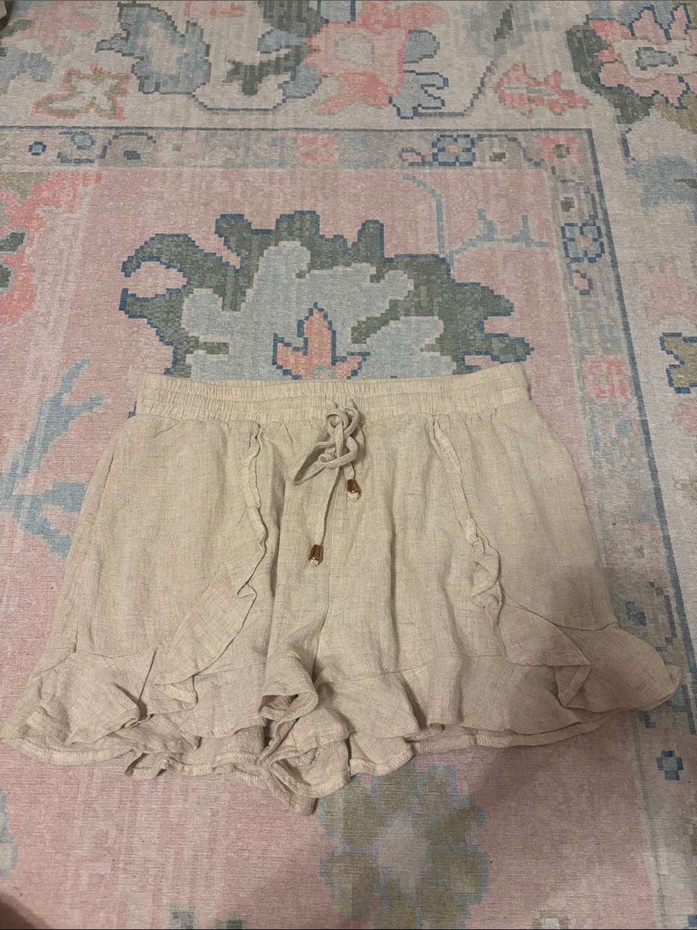 High-Waist Light Beige Ruffle Linen-Blend Women's Shorts